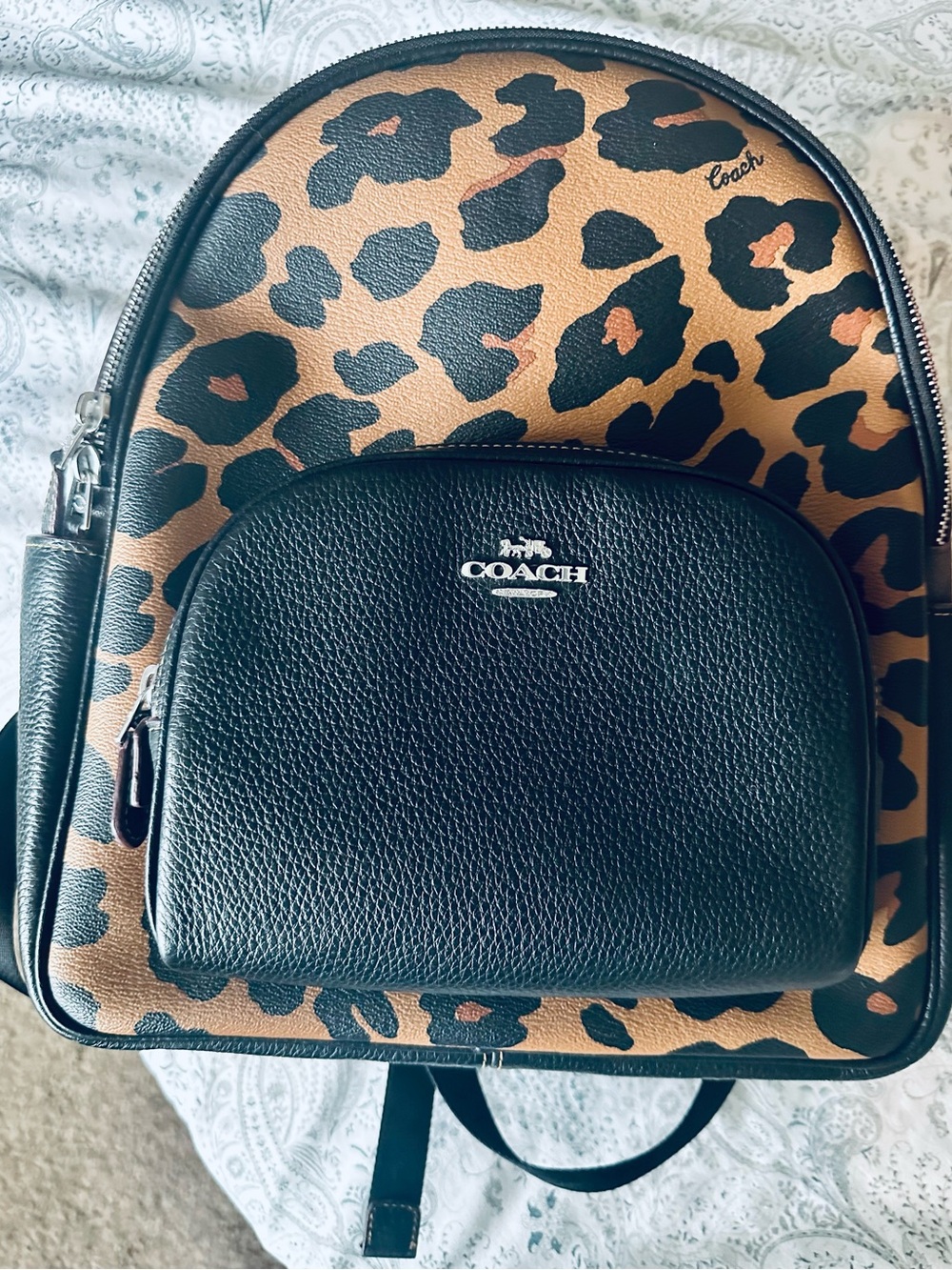 Coach Leopard Print Backpack with Black Front Pocket and Silver Logo